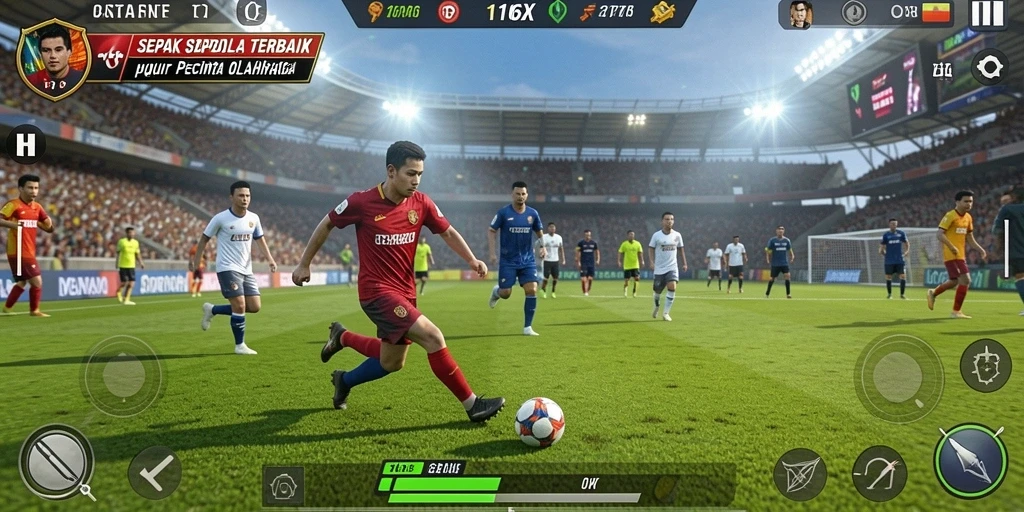Screenshot gameplay 116X yang menunjukkan aksi sepak bola intens.