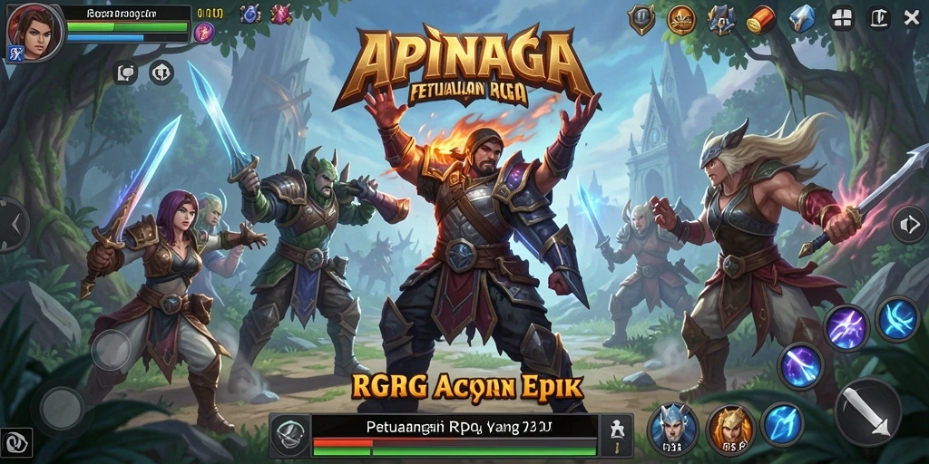 Tangkapan layar gameplay APINAGA menampilkan pertempuran epik dan karakter yang kuat.