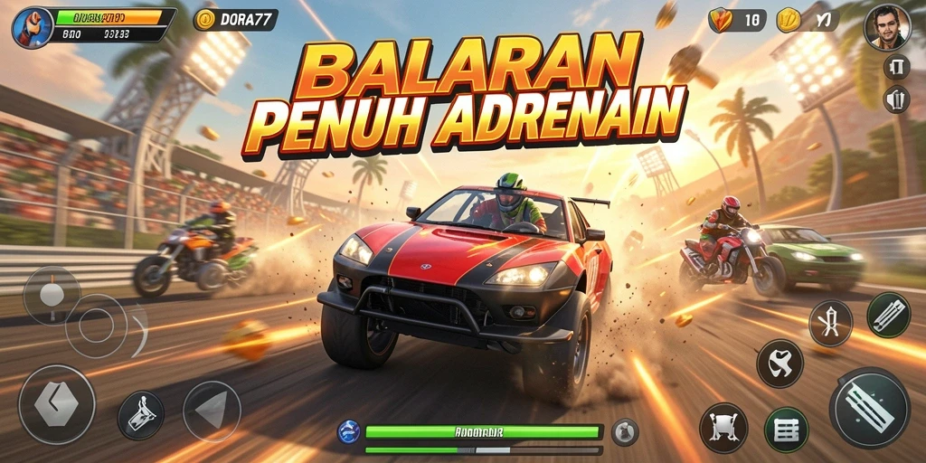 Screenshot gameplay DORA77 menampilkan aksi balap yang mendebarkan.