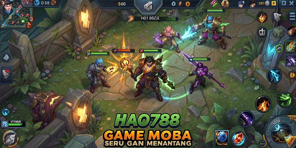 Tangkapan layar gameplay HAO788 yang menunjukkan aksi MOBA yang seru.