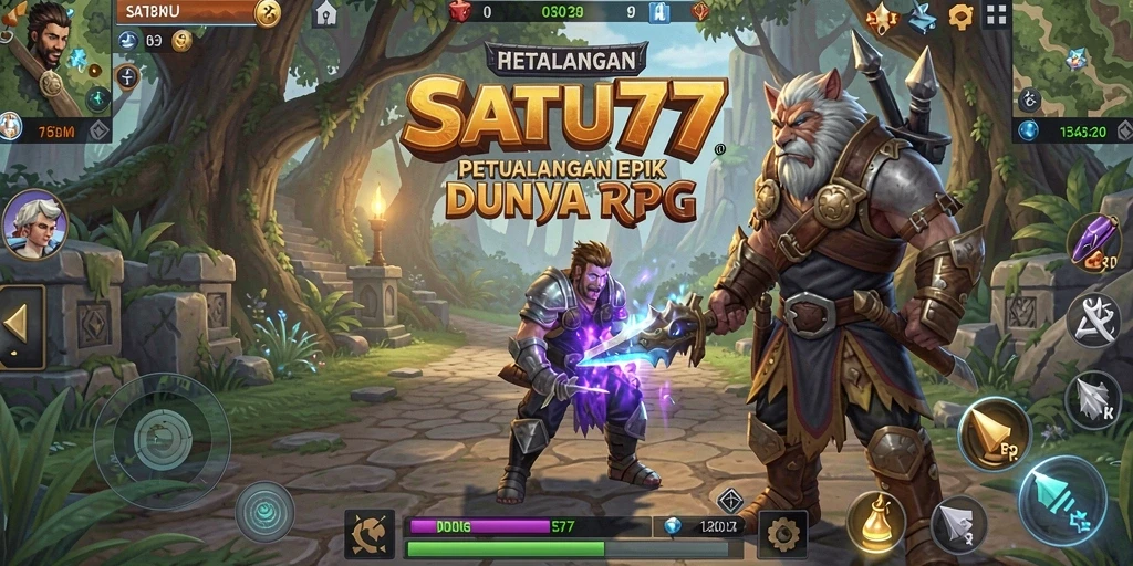 Tampilan utama gameplay SATU77 menunjukkan aksi epik dalam petualangan RPG.